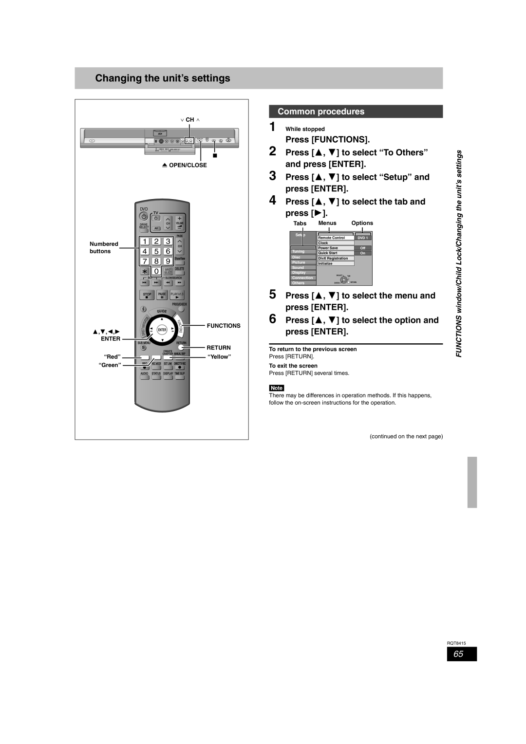 Panasonic DMR-EH56 Changing the unit’s settings, Common procedures, Press 3, 4 to select the tab and press 