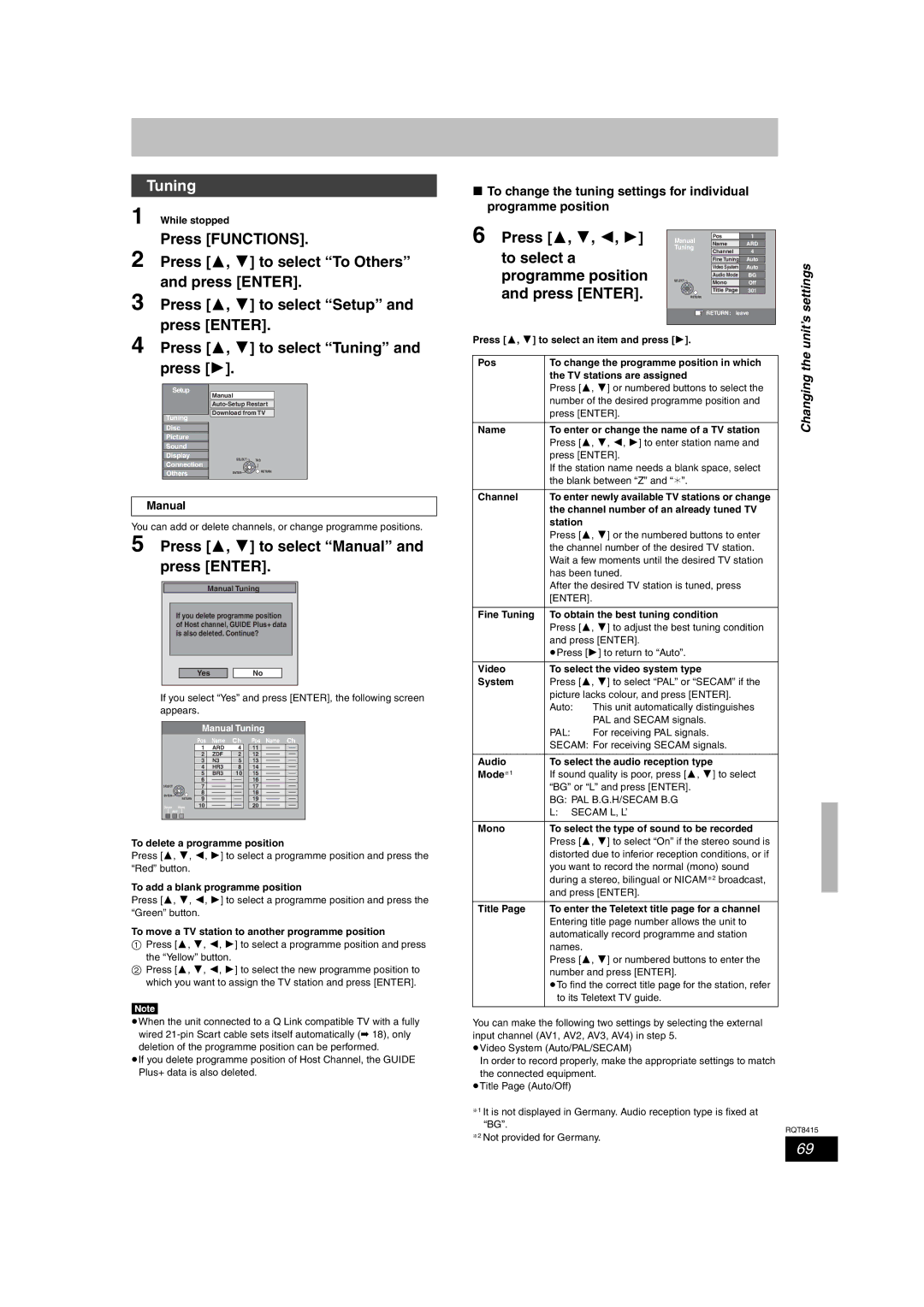 Panasonic DMR-EH56 operating instructions Tuning, Press 3, 4, 2, To select a, Programme position, Press Enter 