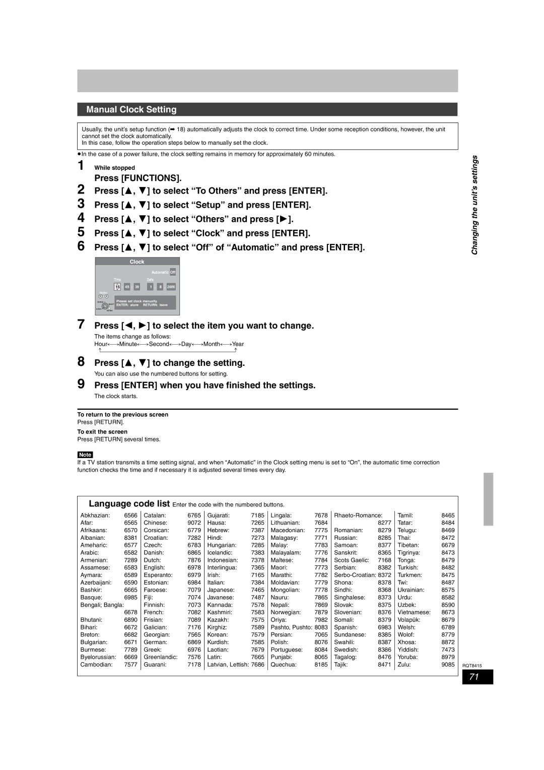 Panasonic DMR-EH56 operating instructions Manual Clock Setting, Press 2, 1 to select the item you want to change 