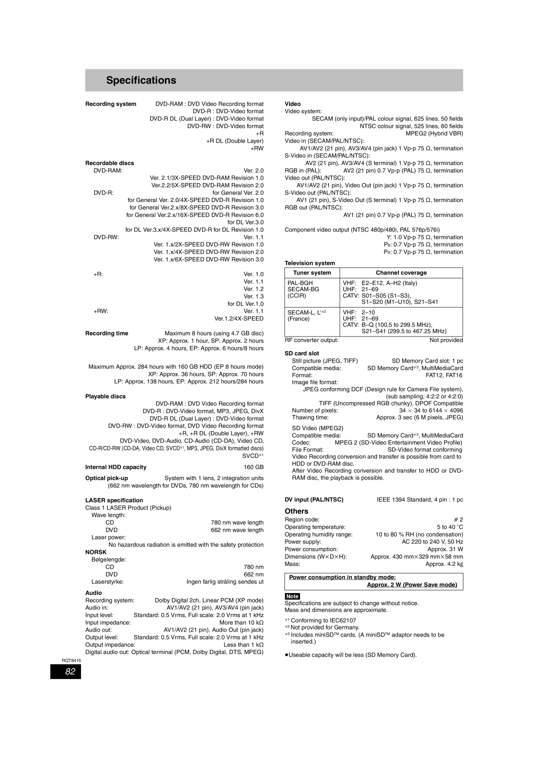 Panasonic DMR-EH56 operating instructions Specifications, Others, Norsk 