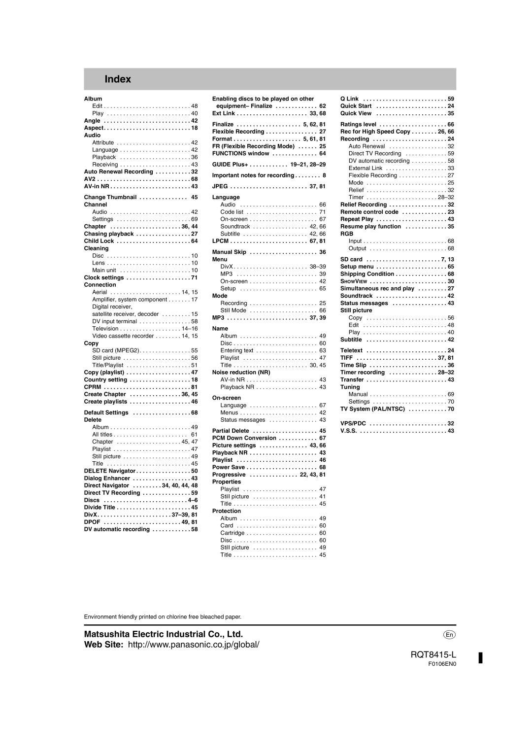 Panasonic DMR-EH56 operating instructions Index 