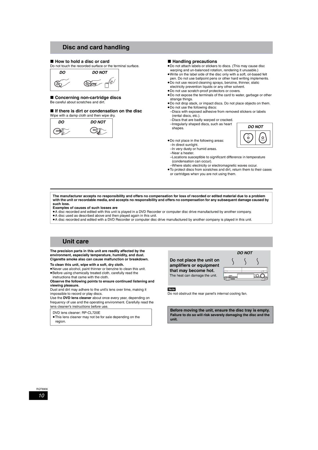 Panasonic DMR-EH57, DMR-EH67 operating instructions Disc and card handling, Unit care 