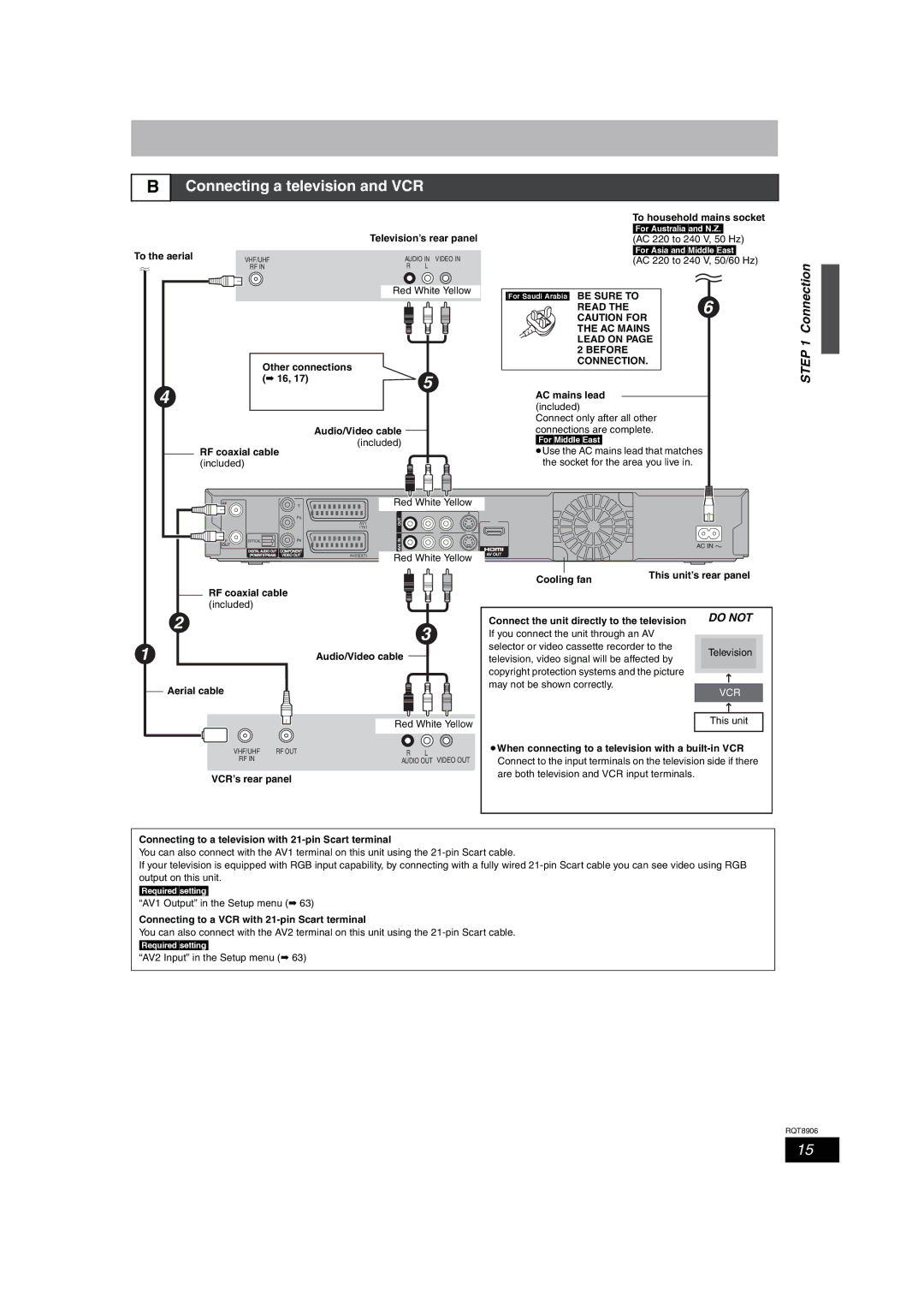 Panasonic DMR-EH67, DMR-EH57 Connecting a television and VCR, Read, AC Mains Lead on Before Connection 