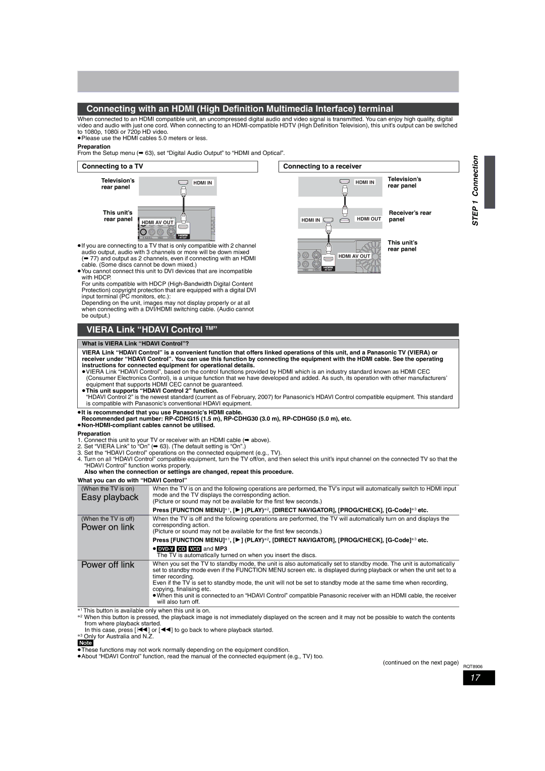 Panasonic DMR-EH67, DMR-EH57 Viera Link Hdavi Control TM, Easy playback, Power on link, Power off link, Connection 