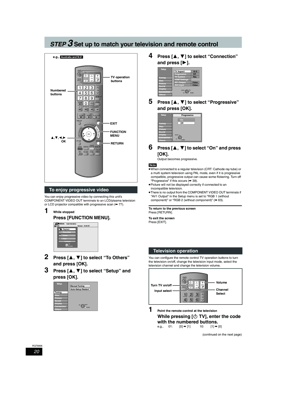 Panasonic DMR-EH57, DMR-EH67 operating instructions To enjoy progressive video, Television operation 