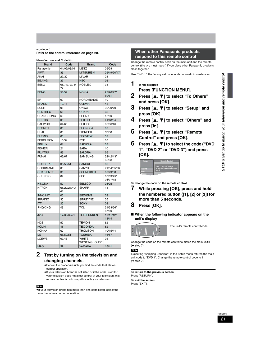 Panasonic DMR-EH67, DMR-EH57 Test by turning on the television and changing channels, Press 3, 4 to select To Others 