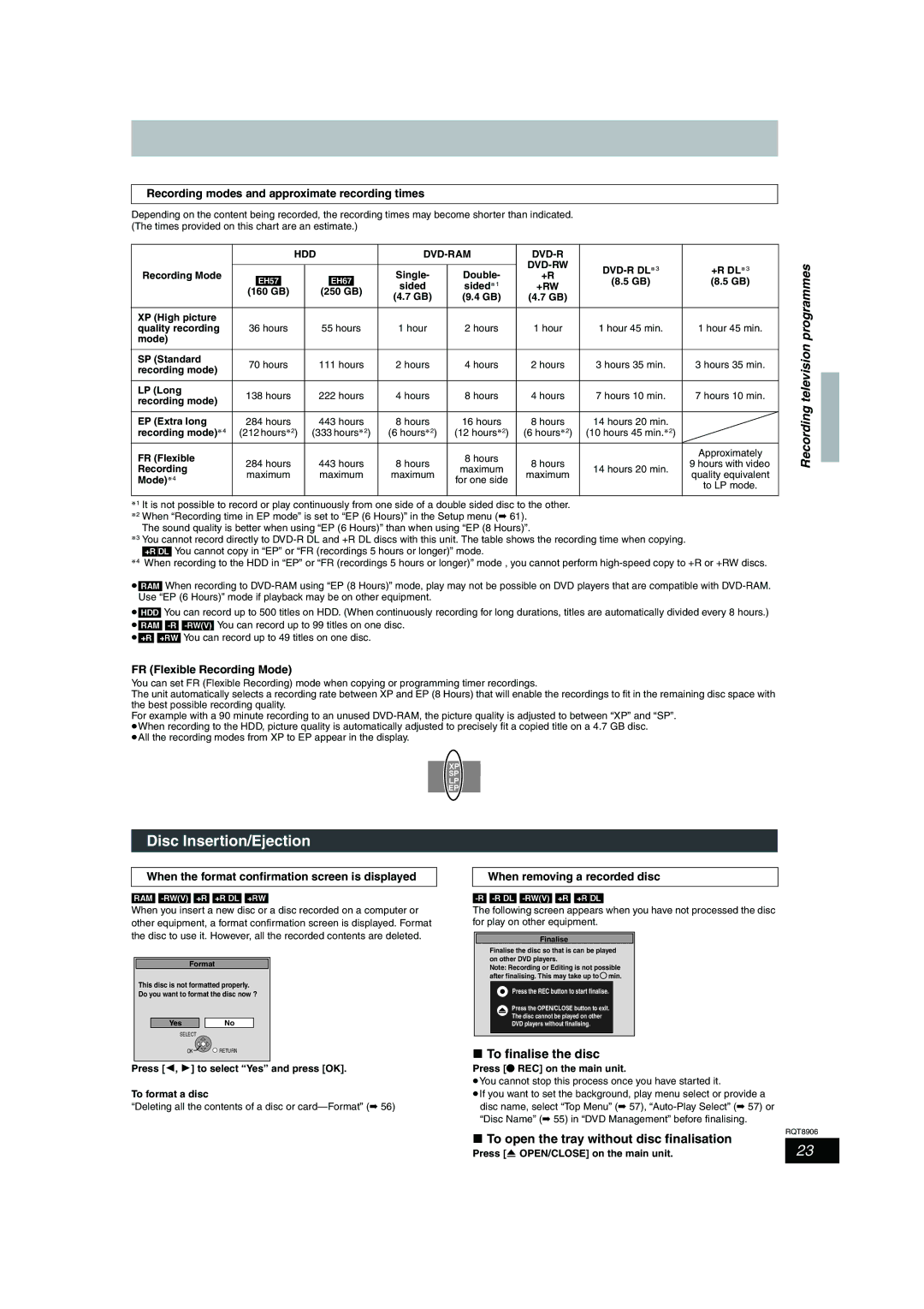 Panasonic DMR-EH67, DMR-EH57 Disc Insertion/Ejection, Recording television programmes, To finalise the disc 