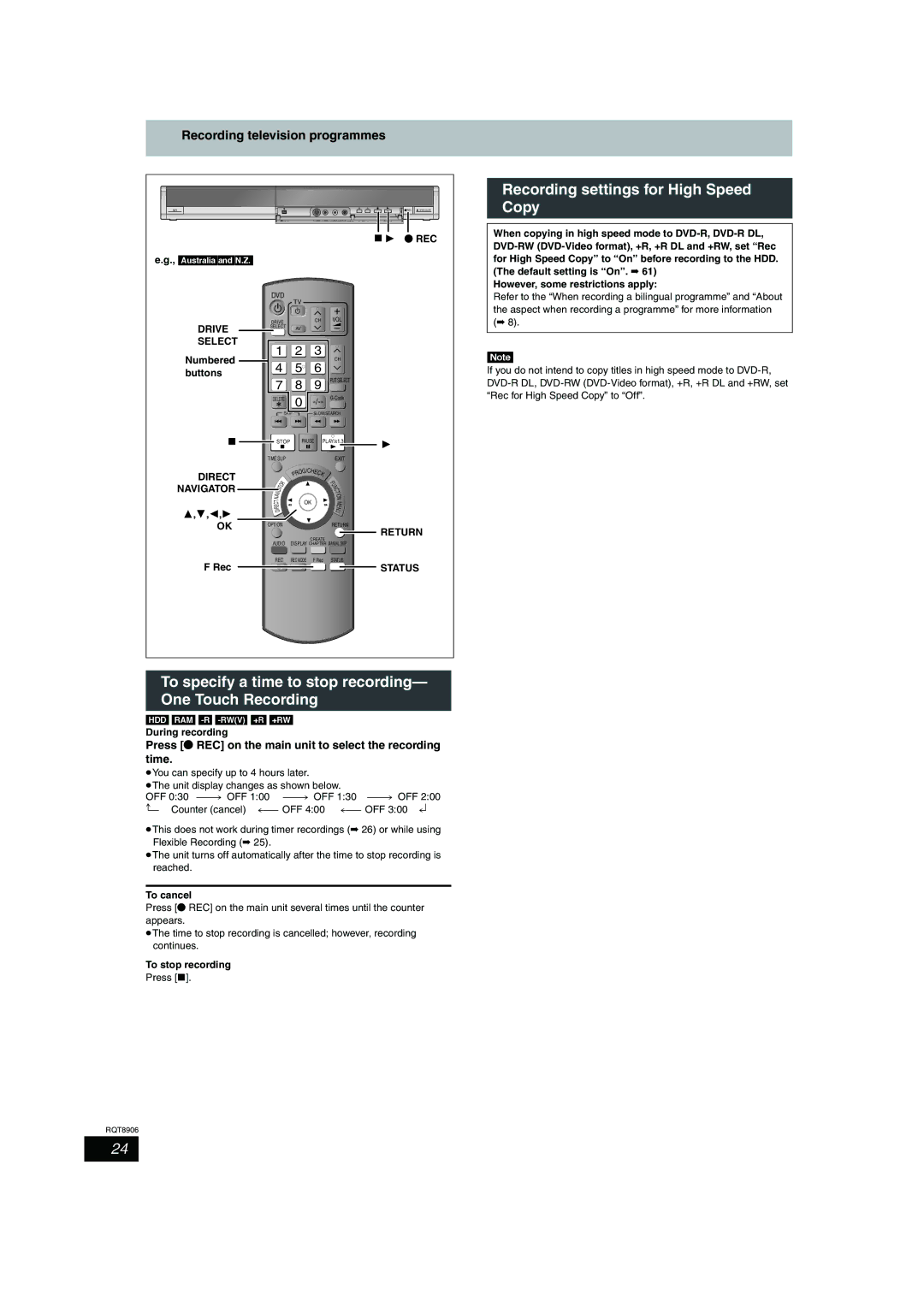 Panasonic DMR-EH57 Recording settings for High Speed Copy, To specify a time to stop recording- One Touch Recording 