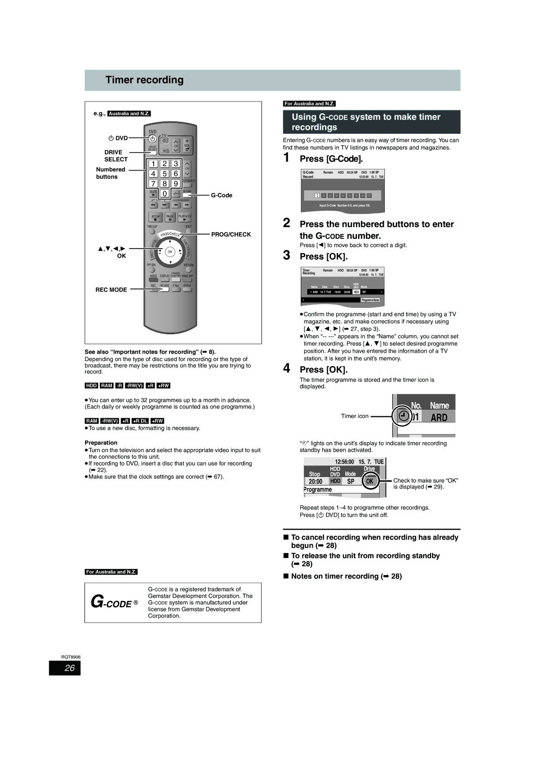 Panasonic DMR-EH57, DMR-EH67 Timer recording, Using G-CODEsystem to make timer recordings, Press G-Code 