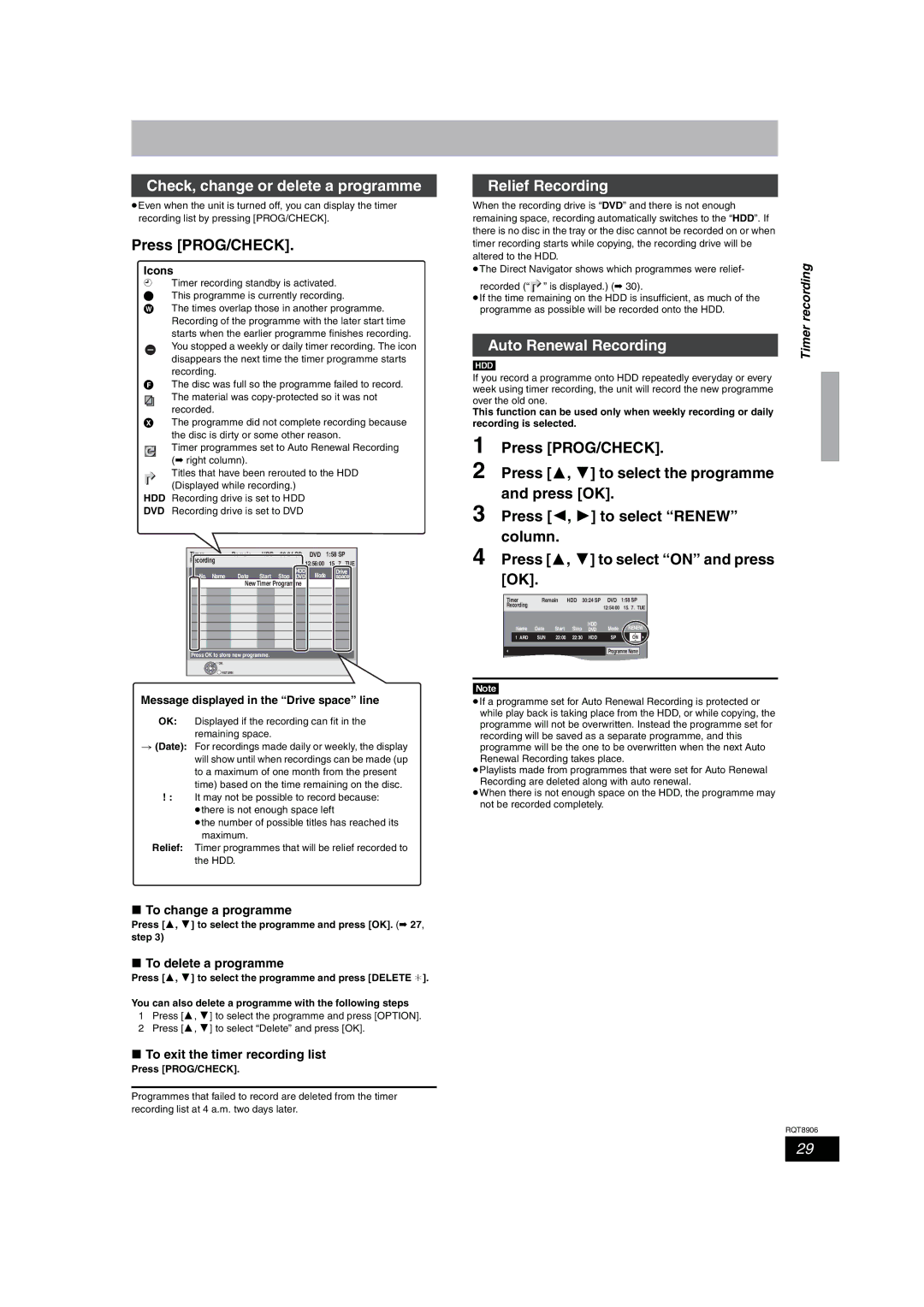 Panasonic DMR-EH67, DMR-EH57 Check, change or delete a programme, Relief Recording, Auto Renewal Recording 