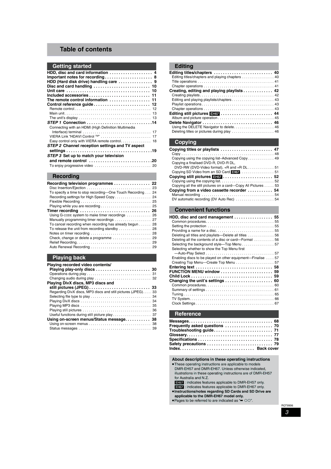 Panasonic DMR-EH67, DMR-EH57 operating instructions Table of contents 