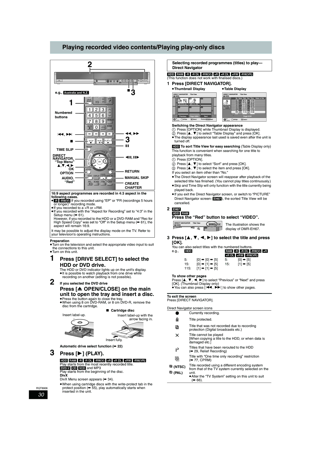 Panasonic DMR-EH57, DMR-EH67 operating instructions Playing recorded video contents/Playing play-only discs 