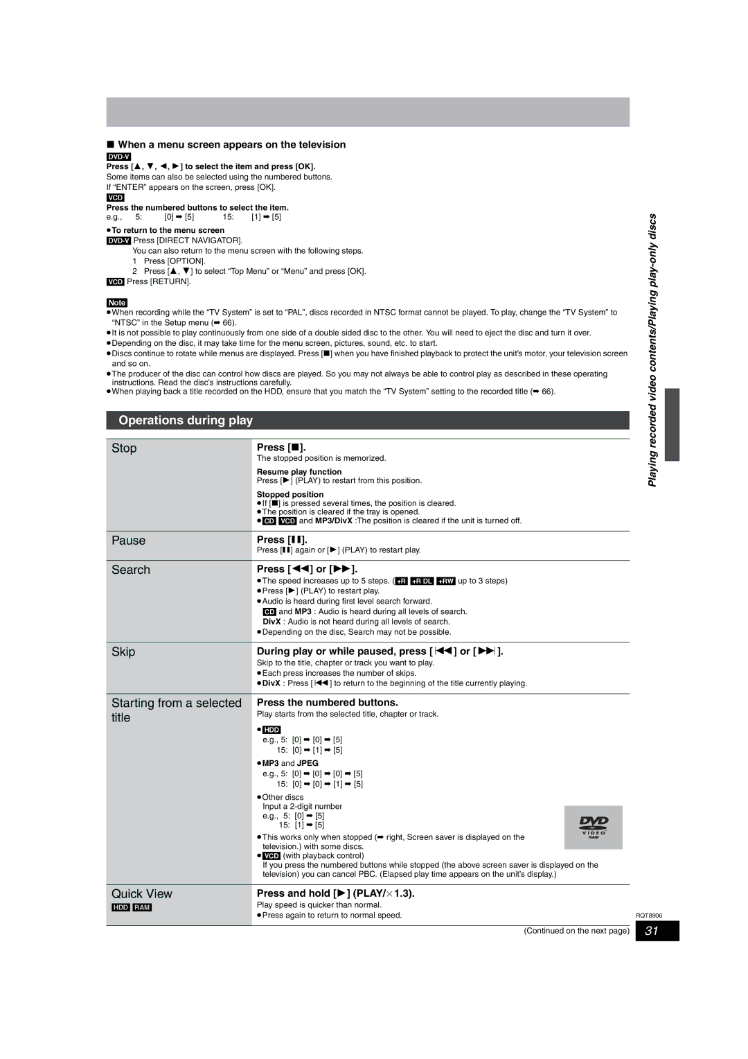 Panasonic DMR-EH67, DMR-EH57 operating instructions Operations during play, Quick View 