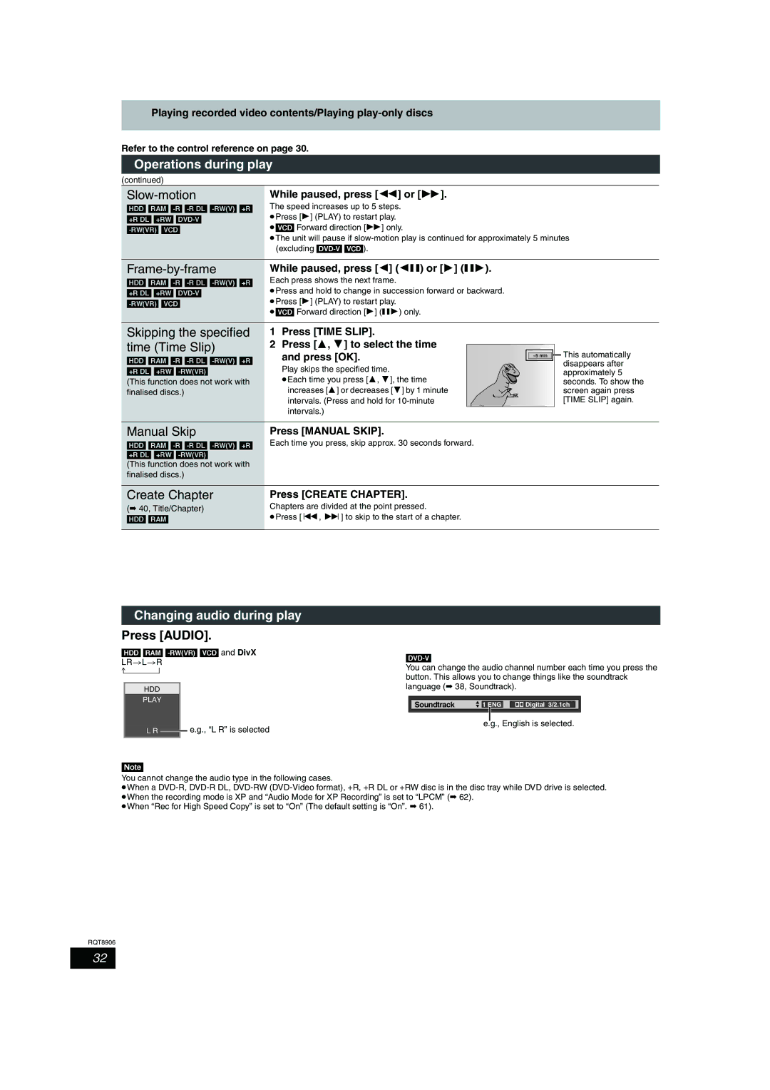 Panasonic DMR-EH57, DMR-EH67 operating instructions Manual Skip, Changing audio during play, Press Audio 