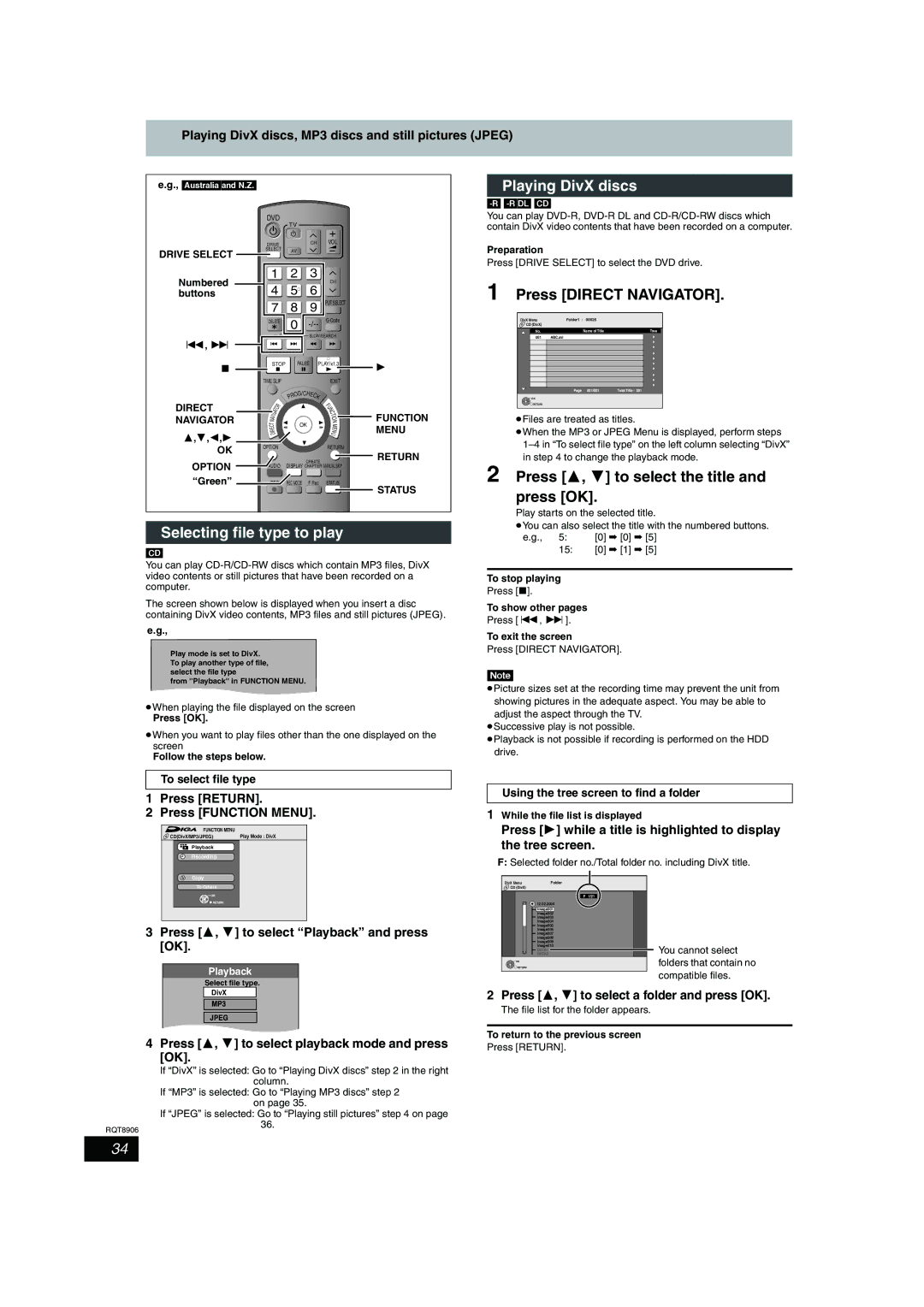 Panasonic DMR-EH57, DMR-EH67 Playing DivX discs, Press Direct Navigator, Press 3, 4 to select the title and press OK 