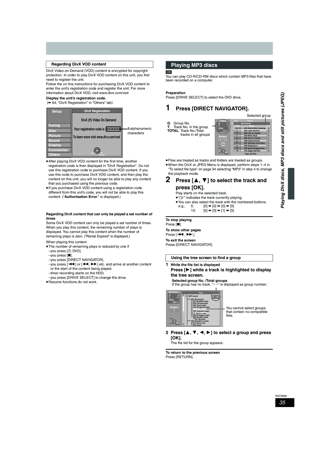 Panasonic DMR-EH67, DMR-EH57 Playing MP3 discs, Press 3, 4 to select the track and press OK, Playing DivX discs, MP3 