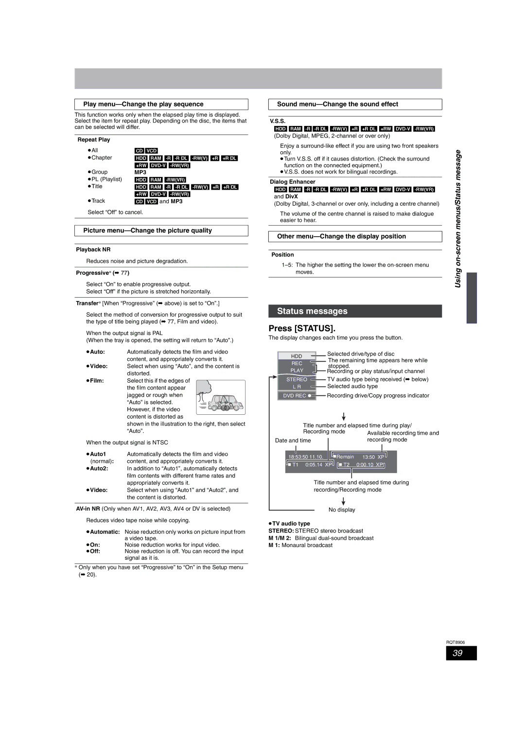 Panasonic DMR-EH67, DMR-EH57 operating instructions Status messages, Press Status 