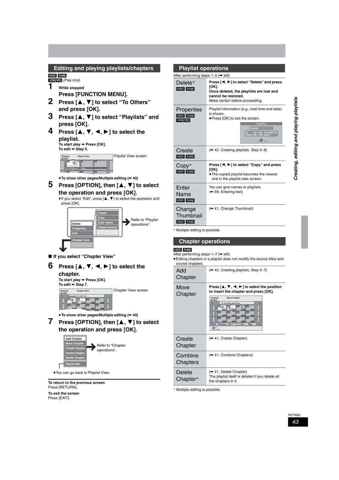 Panasonic DMR-EH67, DMR-EH57 Editing and playing playlists/chapters, Playlist operations, Add, Chapter Move 