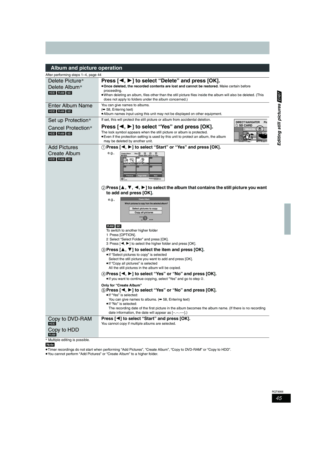 Panasonic DMR-EH67 Album and picture operation, Press 2, 1 to select Delete and press OK, Add Pictures, Create Album 