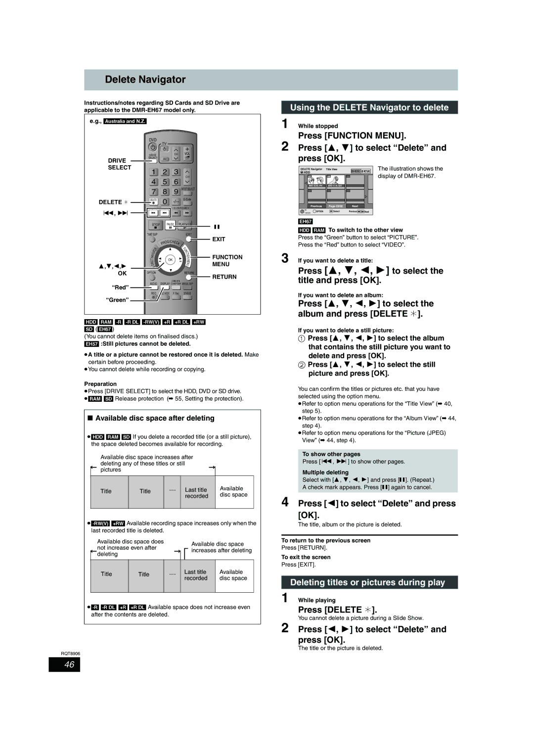 Panasonic DMR-EH57, DMR-EH67 Delete Navigator, Press 3, 4, 2, 1 to select the title and press OK, Press Delete ¢ 