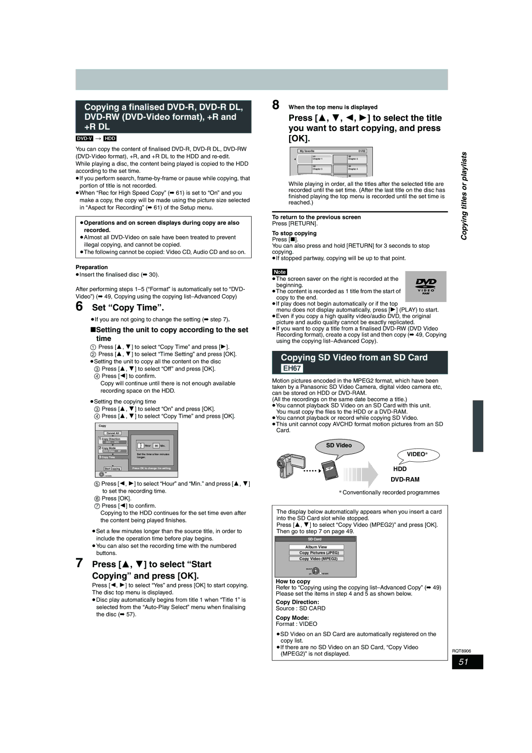 Panasonic DMR-EH67, DMR-EH57 operating instructions Set Copy Time, Copying SD Video from an SD Card EH67, Video§ Hdd Dvd-Ram 