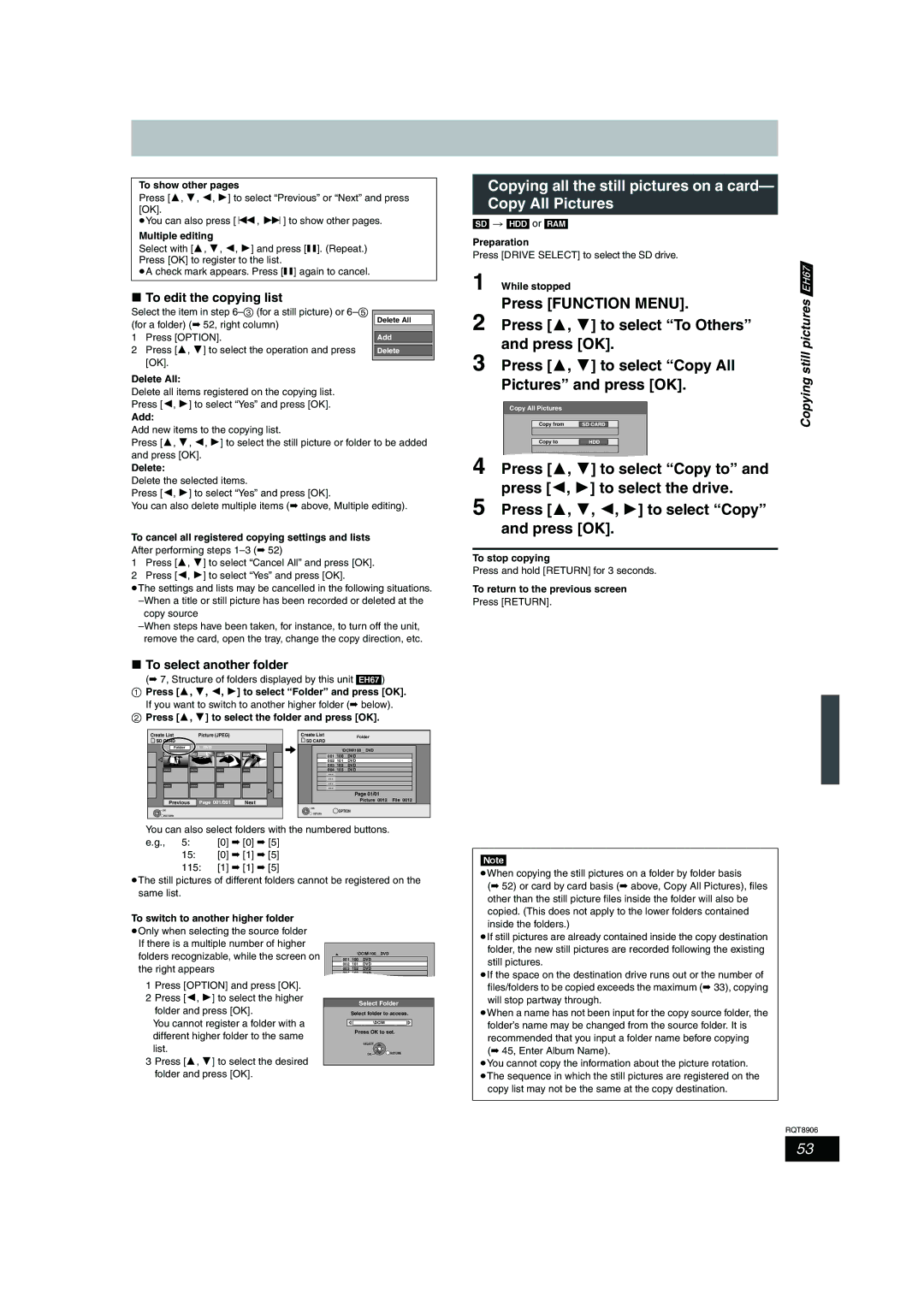 Panasonic DMR-EH67, DMR-EH57 Copying all the still pictures on a card- Copy All Pictures, Press 3, 4 to select Copy All 