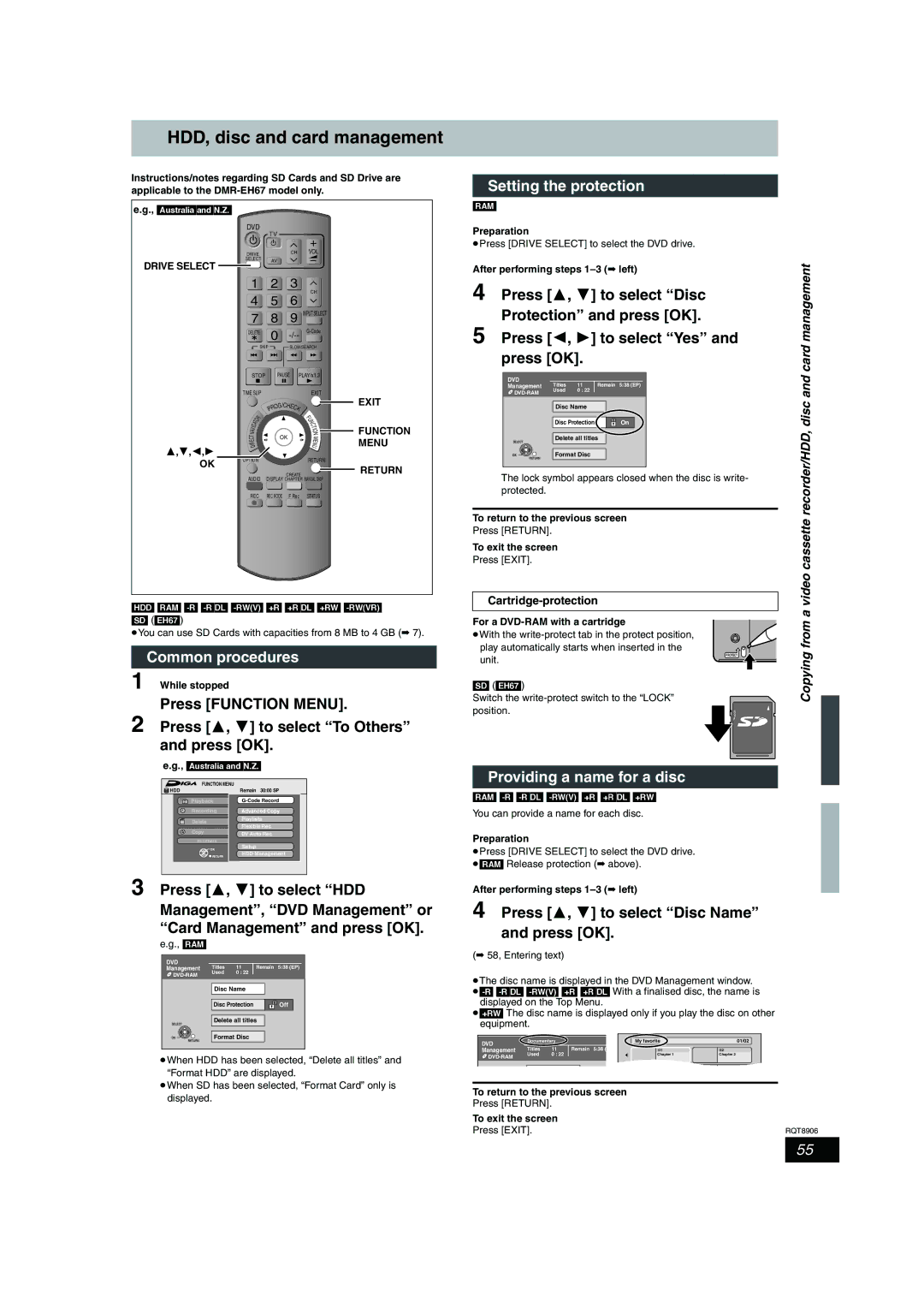 Panasonic DMR-EH67, DMR-EH57 HDD, disc and card management, Setting the protection, Press OK, Common procedures 