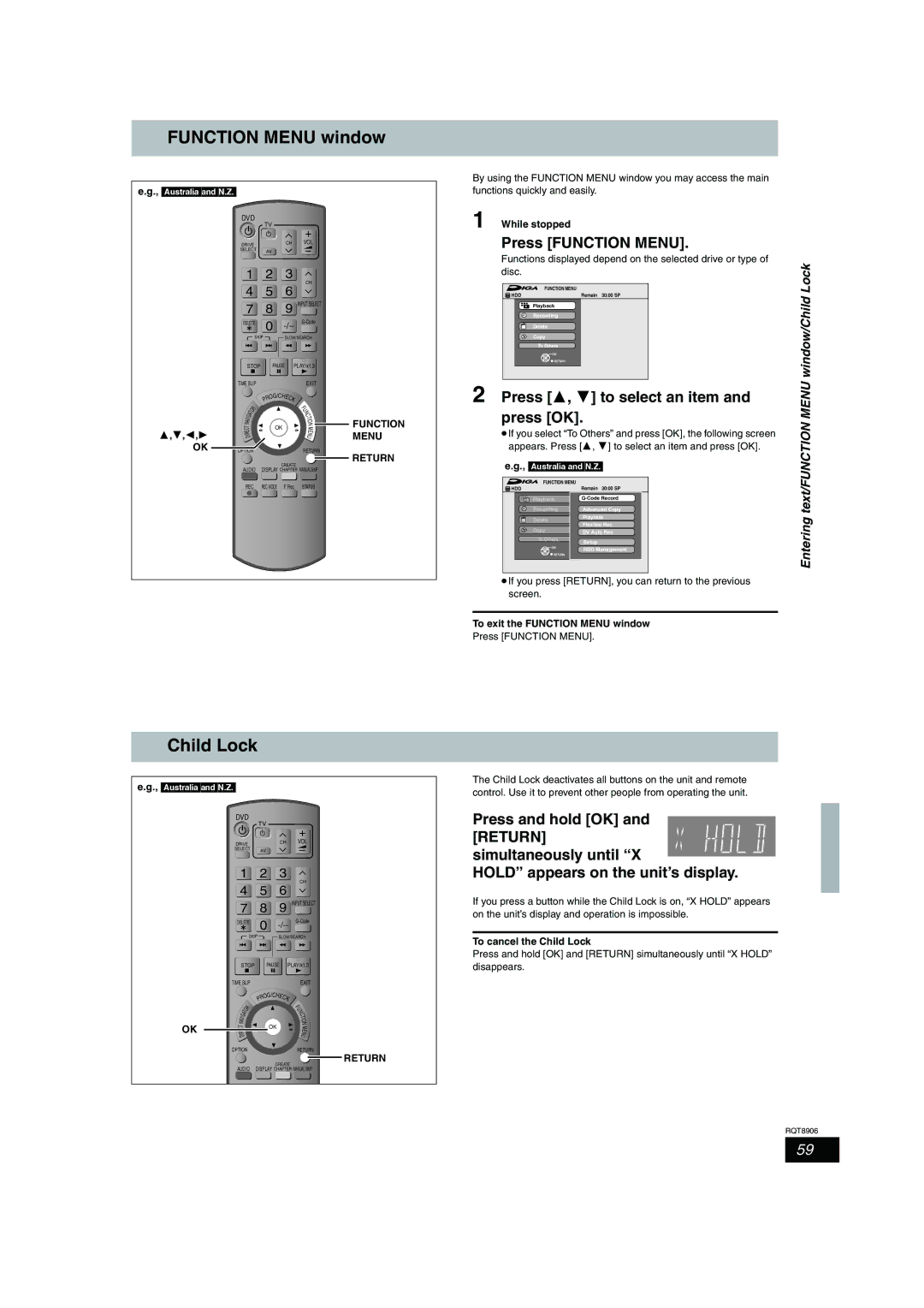 Panasonic DMR-EH67, DMR-EH57 Function Menu window, Child Lock, Press 3, 4 to select an item and press OK, Entering 