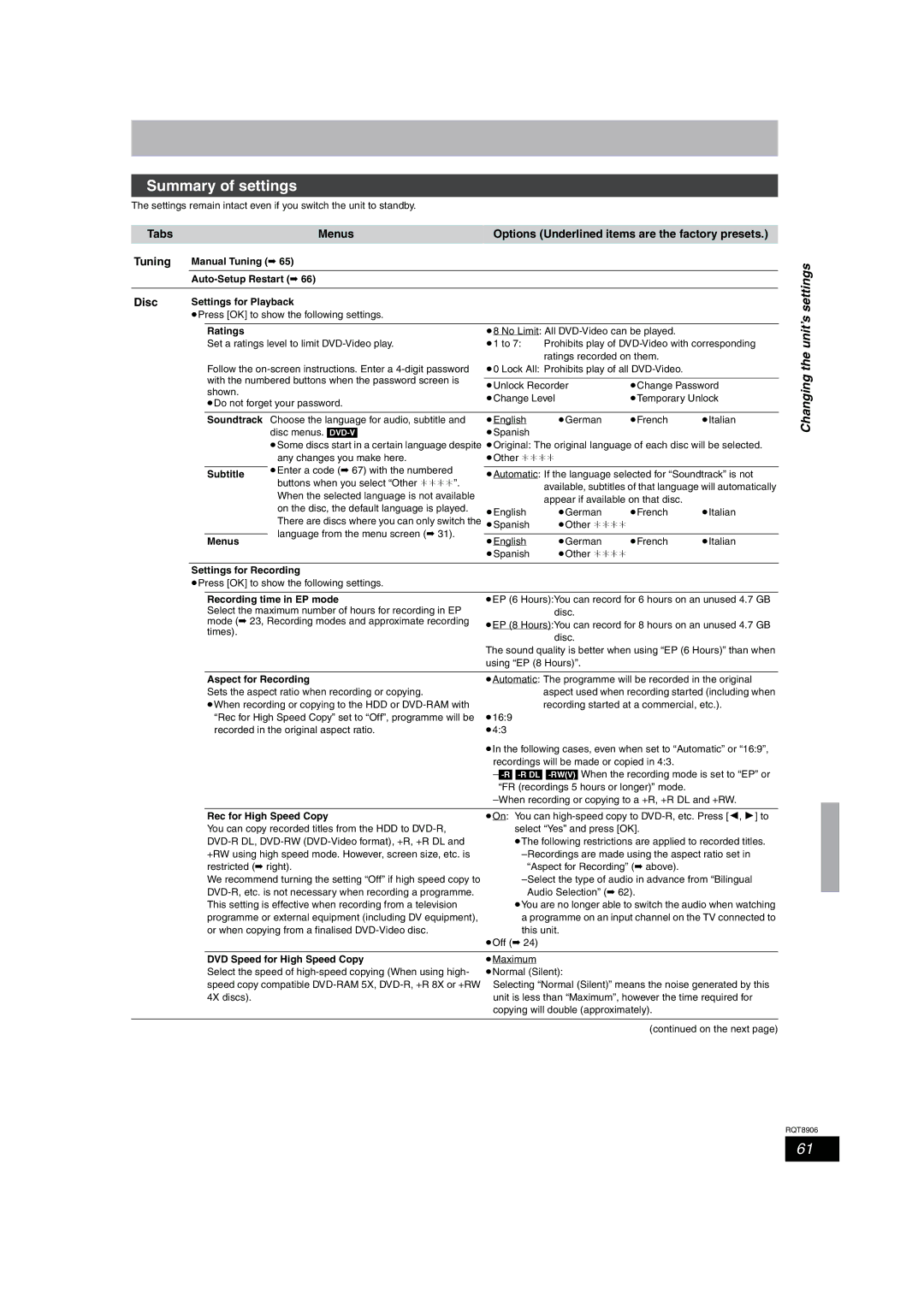 Panasonic DMR-EH67, DMR-EH57 operating instructions Summary of settings, Changing the unit’s settings 