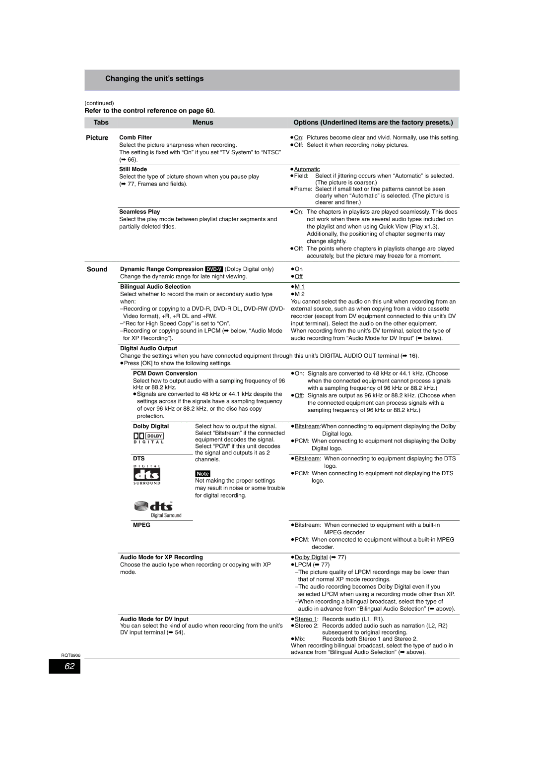 Panasonic DMR-EH57, DMR-EH67 operating instructions Changing the unit’s settings, Sound, Dts, Mpeg 