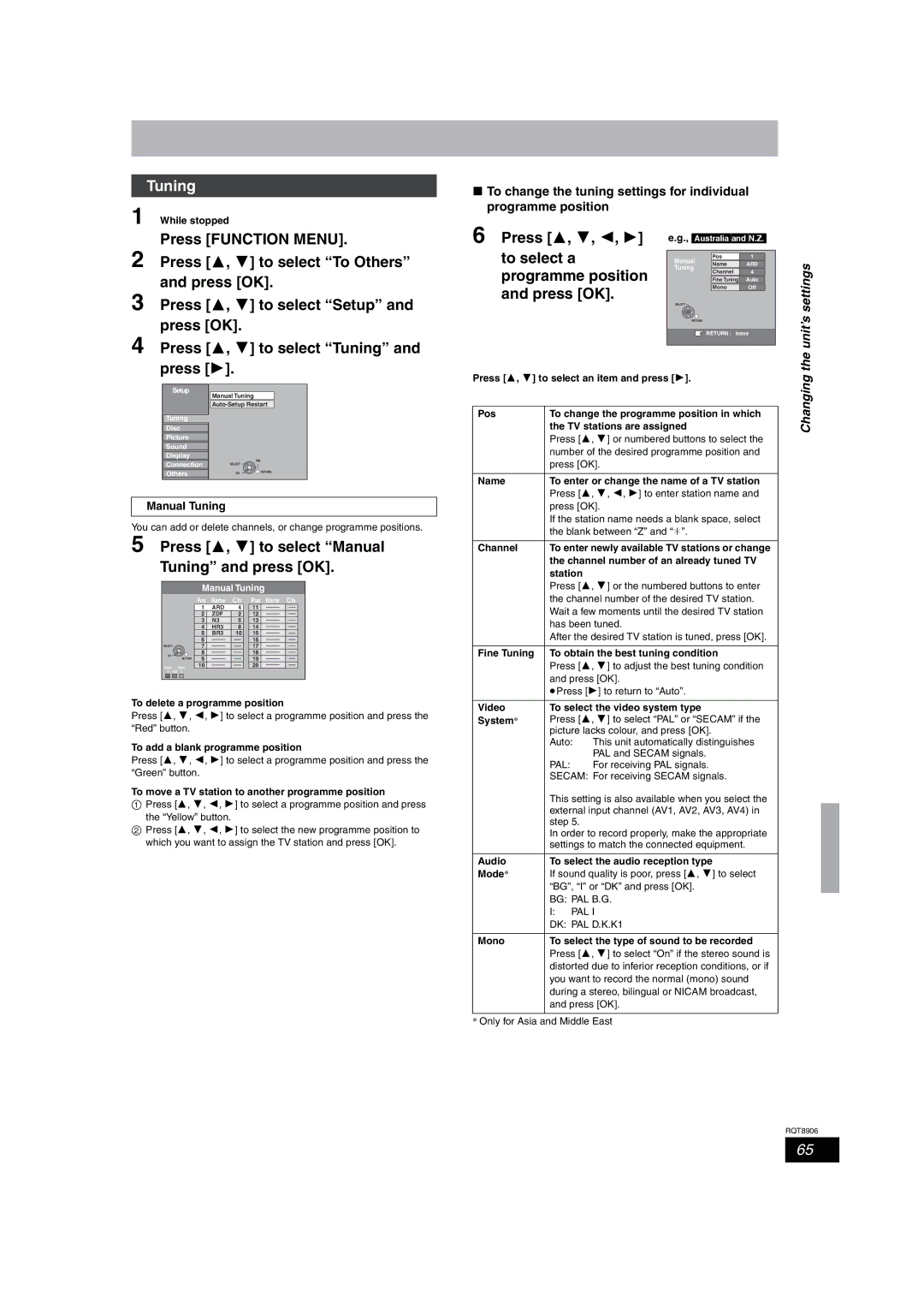 Panasonic DMR-EH67 Press 3, 4 to select Tuning and press, Press 3, 4 to select Manual Tuning and press OK, Changing 