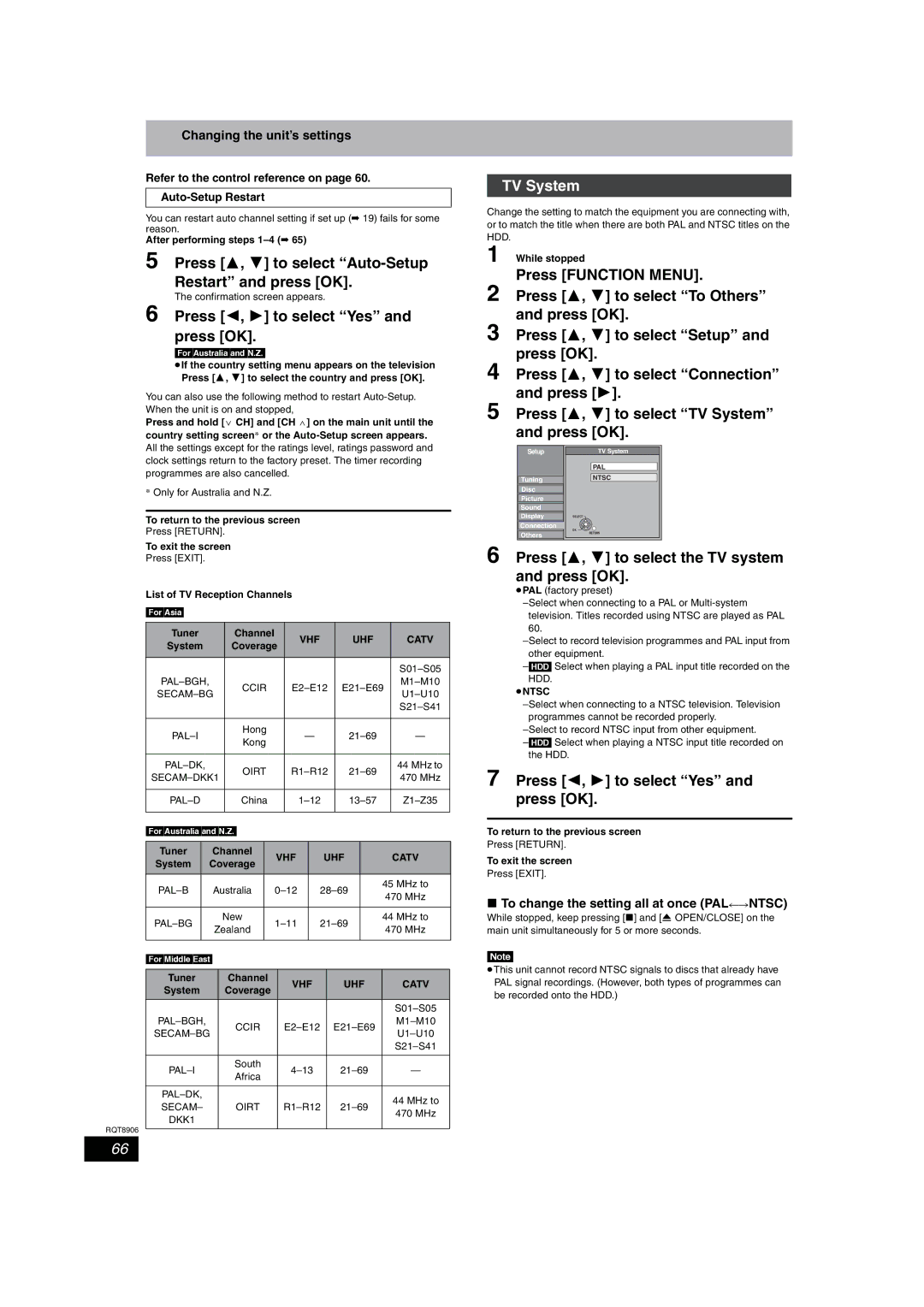 Panasonic DMR-EH57, DMR-EH67 operating instructions Press 3, 4 to select Auto-Setup Restart and press OK, TV System 