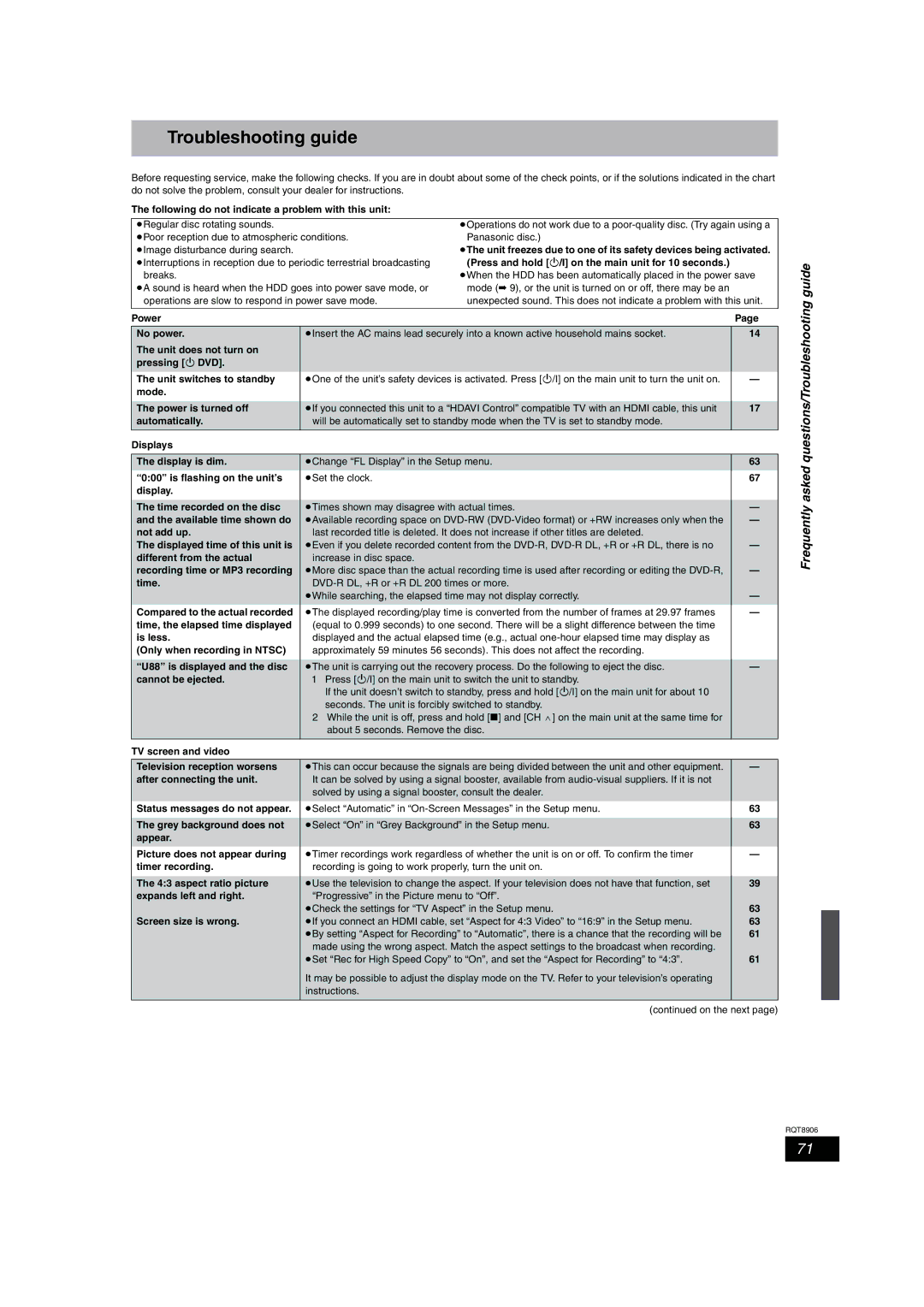 Panasonic DMR-EH67, DMR-EH57 operating instructions Troubleshooting guide 