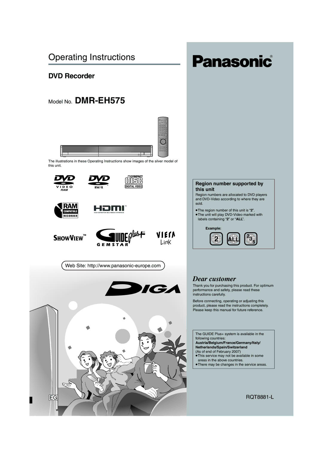 Panasonic DMR-EH575 operating instructions Example, Guide Plus+ system is available in the following countries 