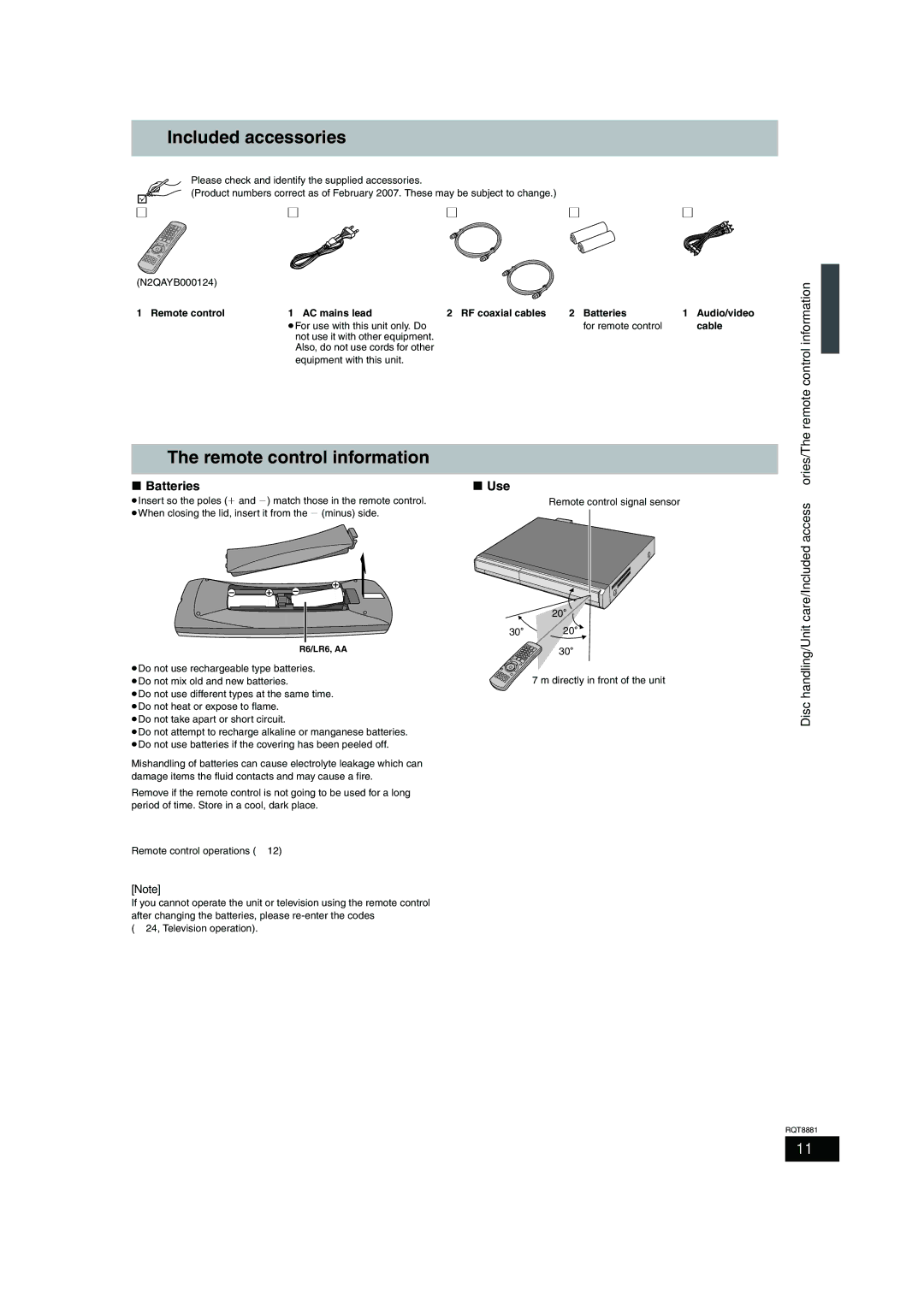 Panasonic DMR-EH575 operating instructions Remote control information, Disc handling/Unit care/Included accessories/The 