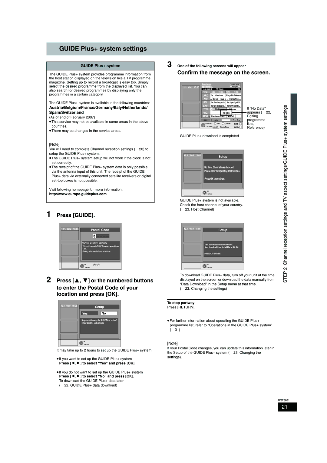 Panasonic DMR-EH575 operating instructions Guide Plus+ system settings, Press Guide, Confirm the message on the screen 