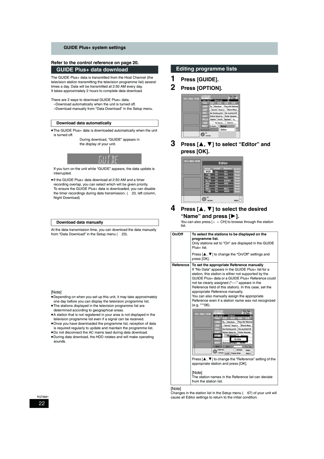 Panasonic DMR-EH575 operating instructions Guide Plus+ data download, Editing programme lists, Press Guide Press Option 