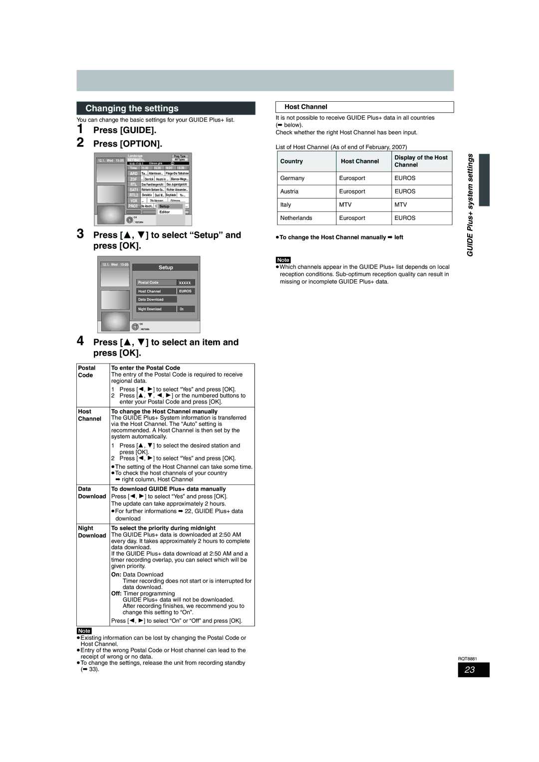 Panasonic DMR-EH575 Changing the settings, Press 3, 4 to select Setup and press OK, Guide Plus+ system settings 