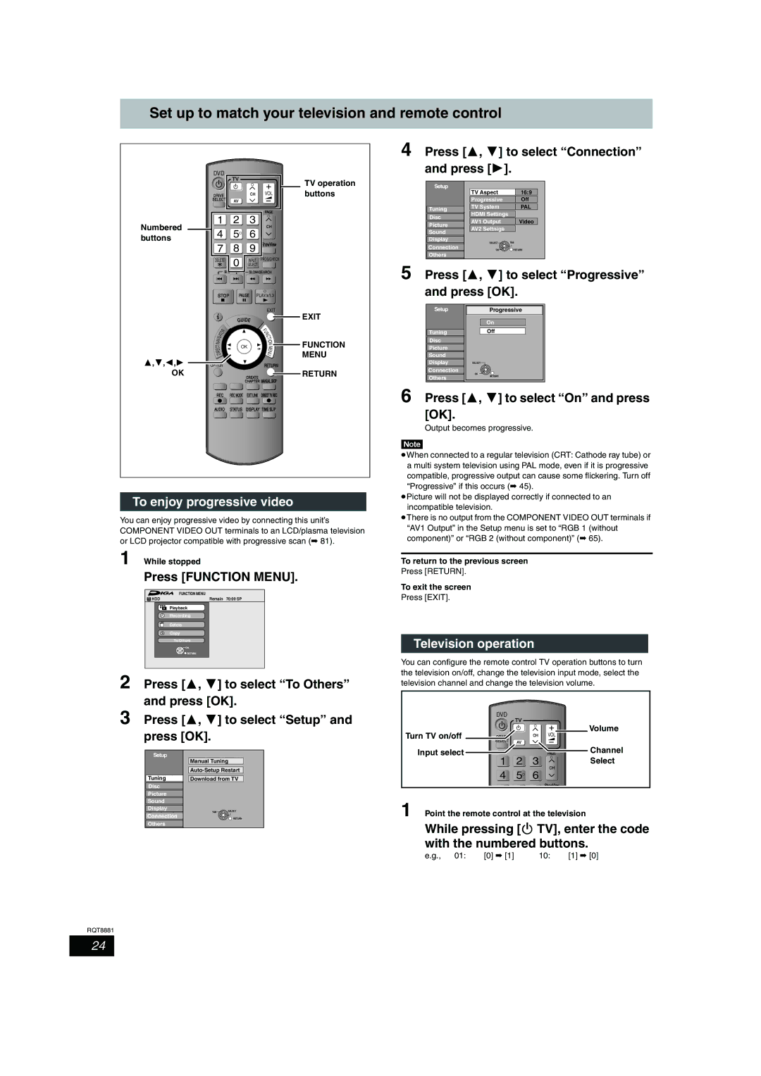 Panasonic DMR-EH575 Set up to match your television and remote control, Press 3, 4 to select Progressive 