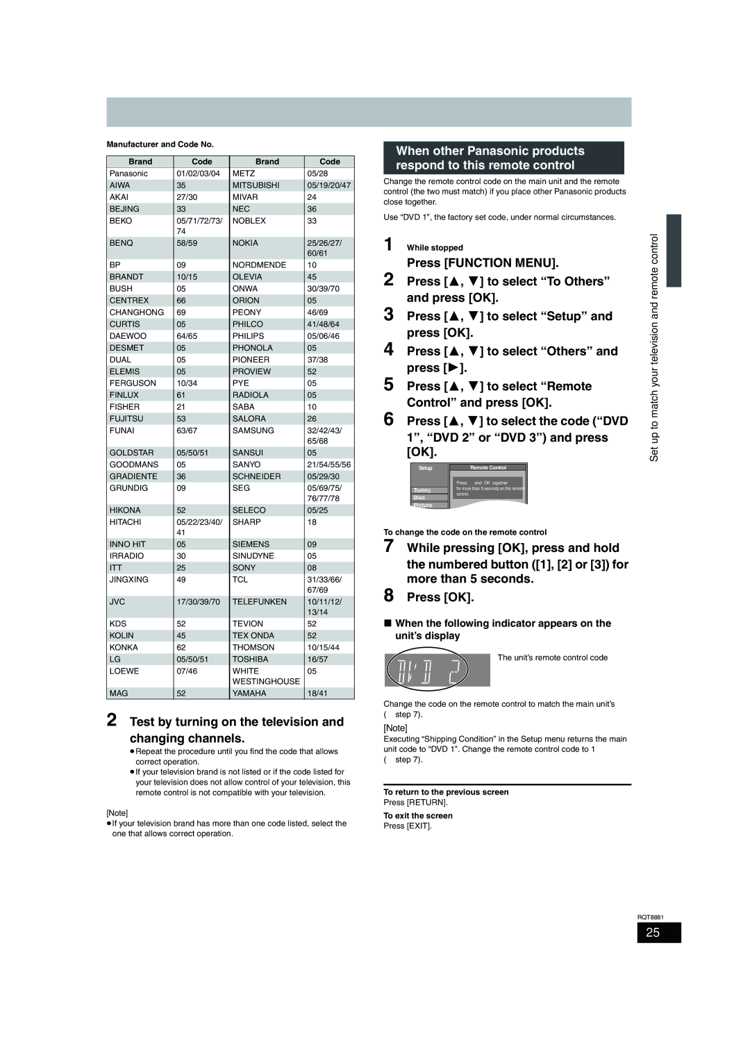 Panasonic DMR-EH575 Test by turning on the television and changing channels, Press 3, 4 to select To Others 