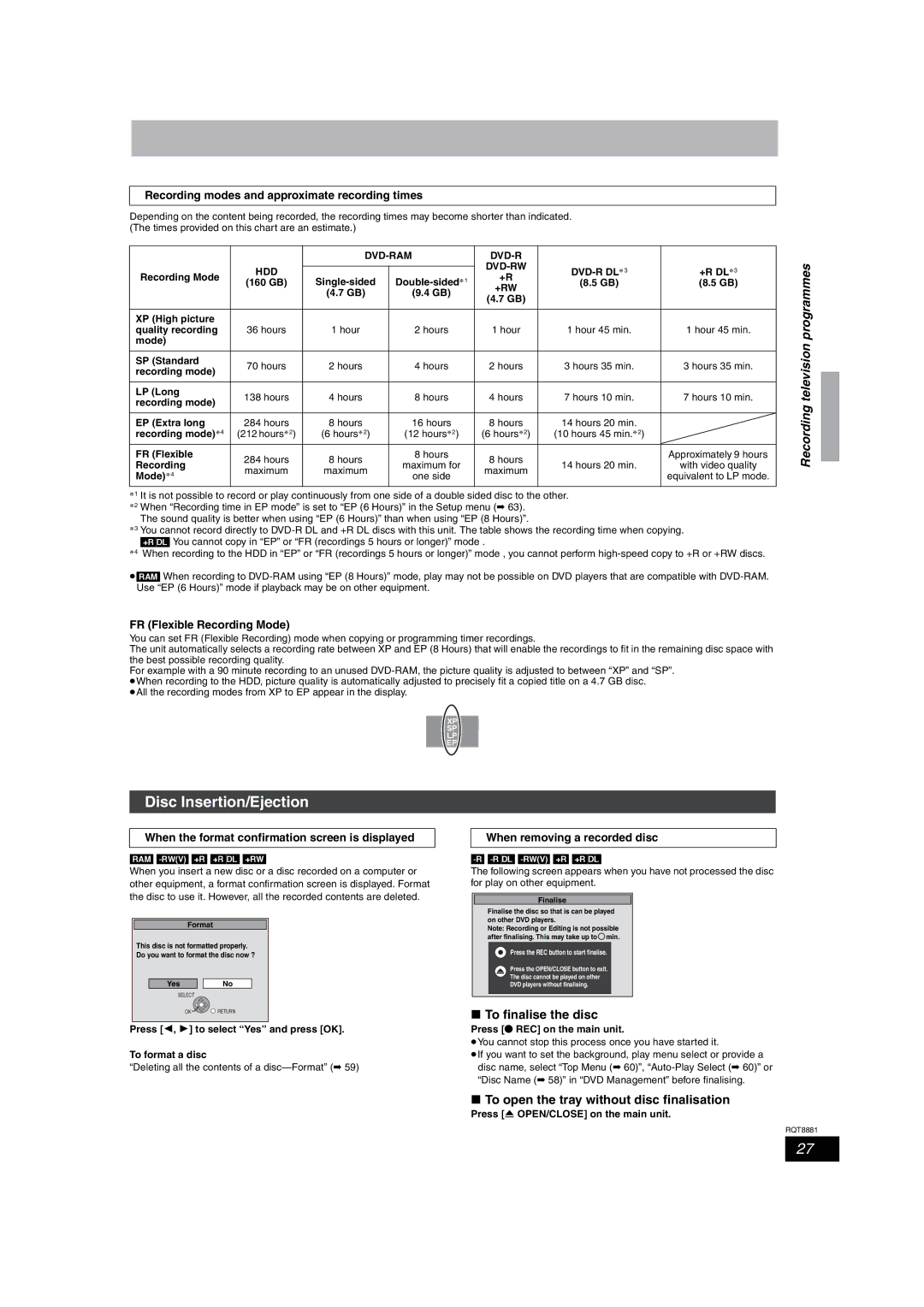 Panasonic DMR-EH575 operating instructions Disc Insertion/Ejection, Recording television programmes, To finalise the disc 