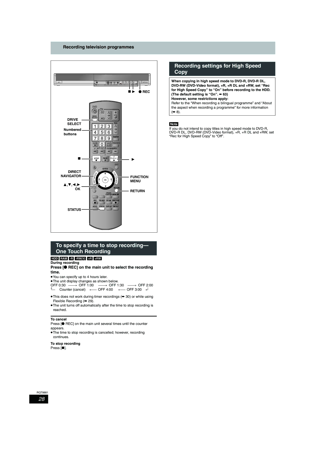 Panasonic DMR-EH575 Recording settings for High Speed Copy, To specify a time to stop recording- One Touch Recording 