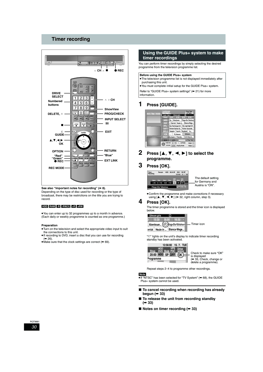 Panasonic DMR-EH575 operating instructions Timer recording, Using the Guide Plus+ system to make timer recordings 