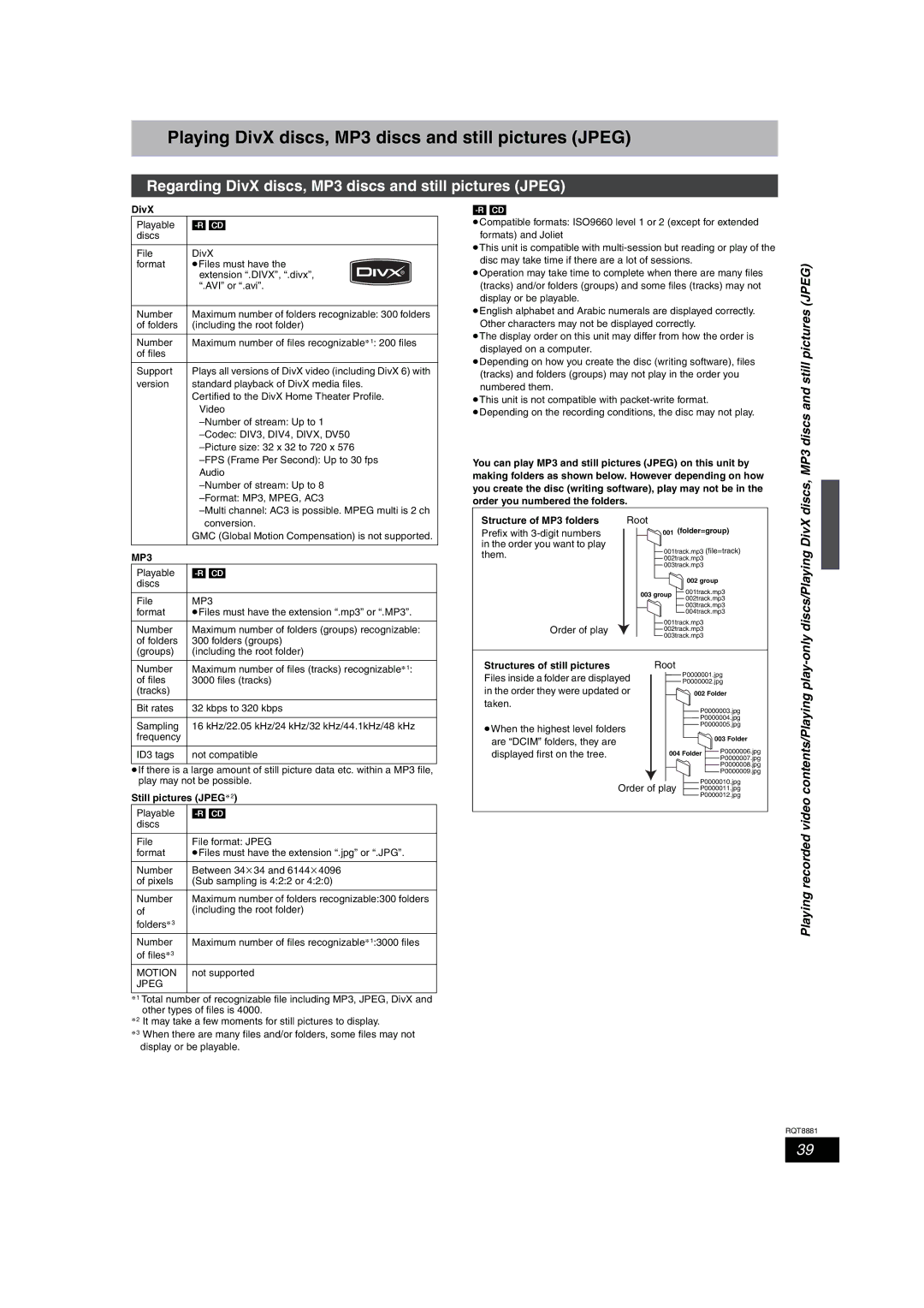 Panasonic DMR-EH575 Playing DivX discs, MP3 discs and still pictures Jpeg, Discs, MP3 discs and still pictures Jpeg 