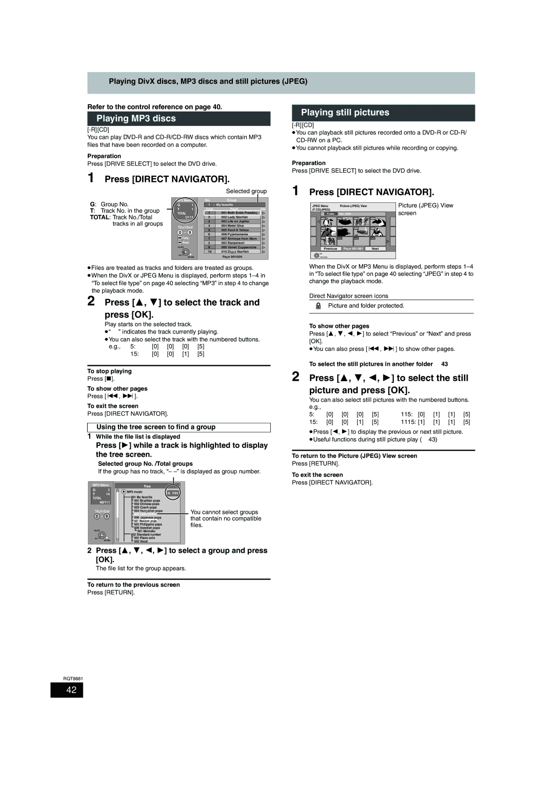 Panasonic DMR-EH575 Playing MP3 discs, Playing still pictures, Press 3, 4 to select the track and press OK 