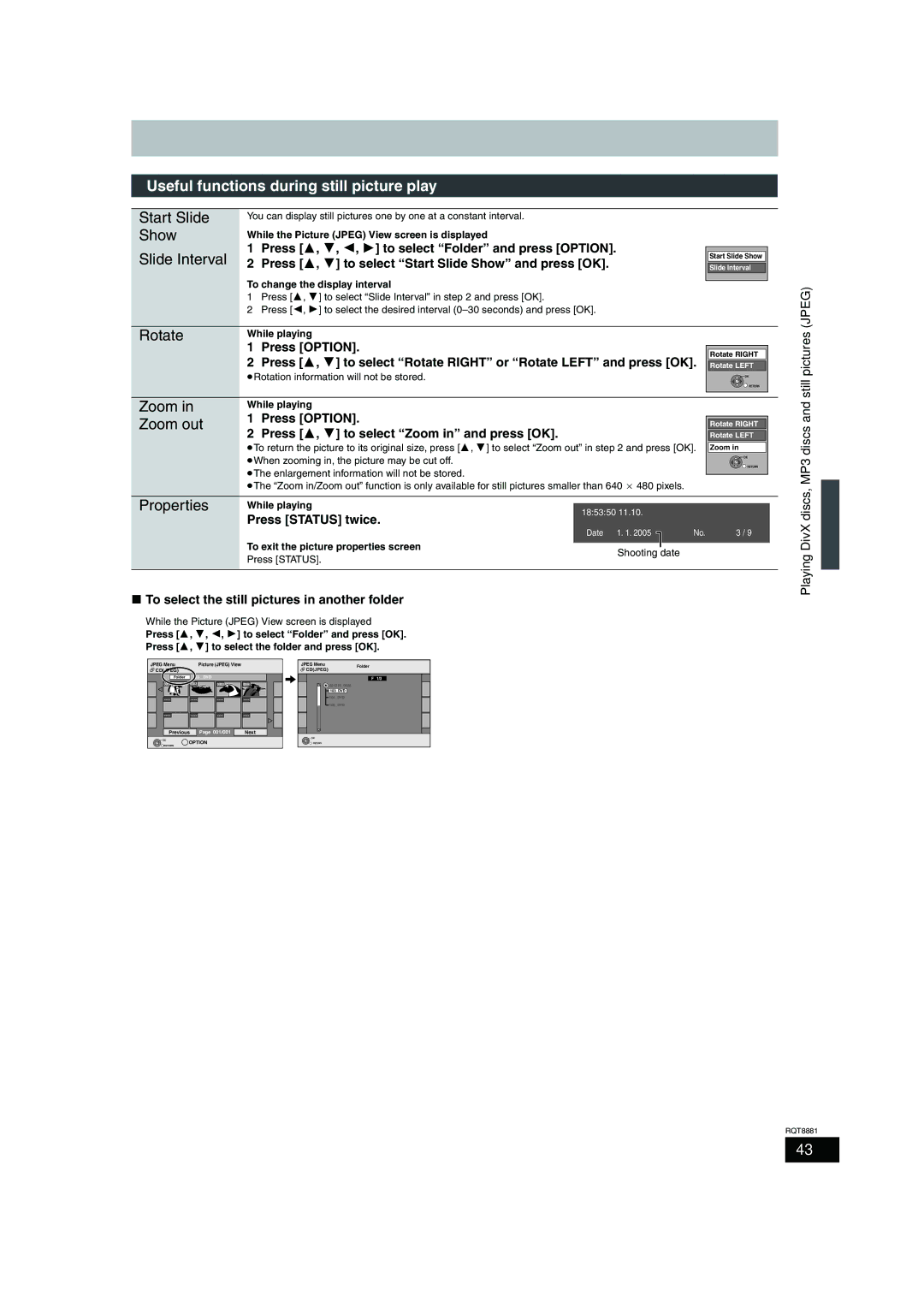 Panasonic DMR-EH575 Useful functions during still picture play, Press 3, 4 to select Zoom in and press OK 