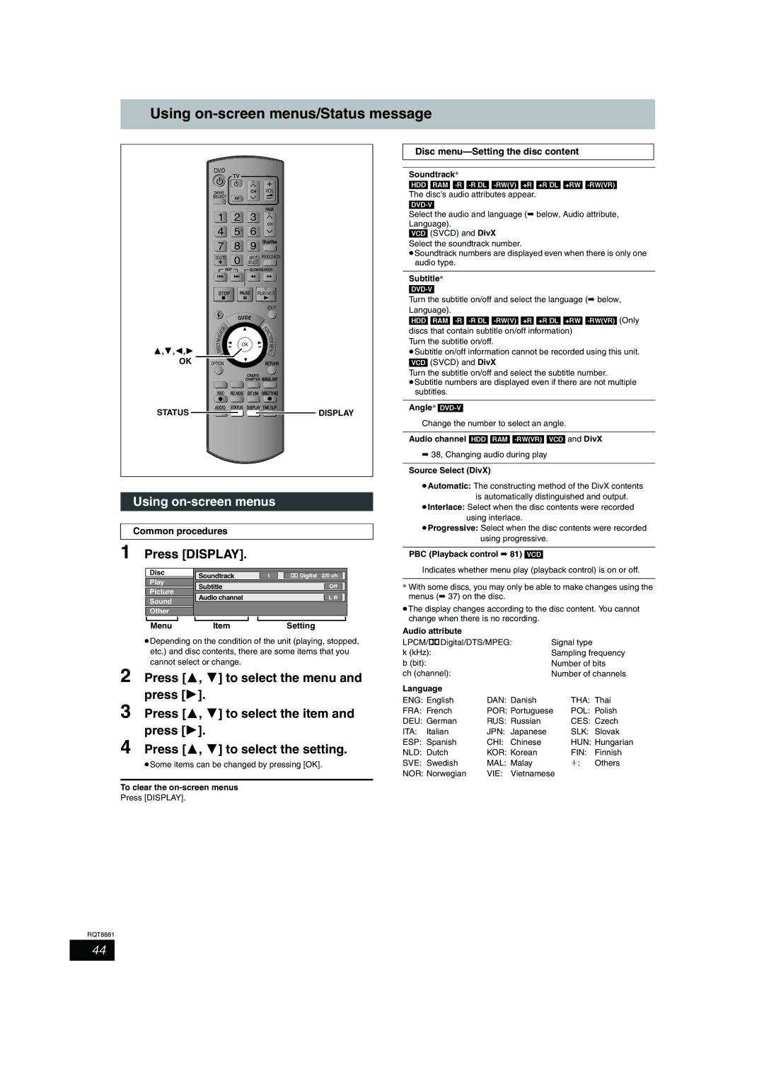 Panasonic DMR-EH575 operating instructions Using on-screen menus/Status message, Press Display, Status Display 