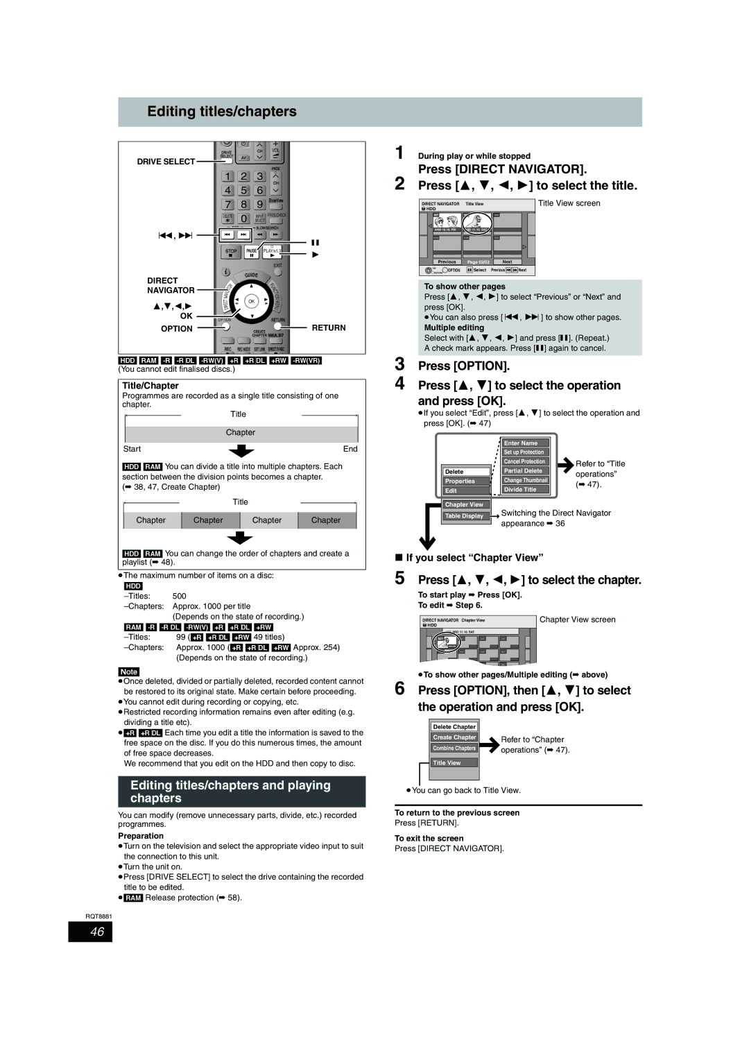 Panasonic DMR-EH575 Editing titles/chapters, Press Direct Navigator Press 3, 4, 2, 1 to select the title 