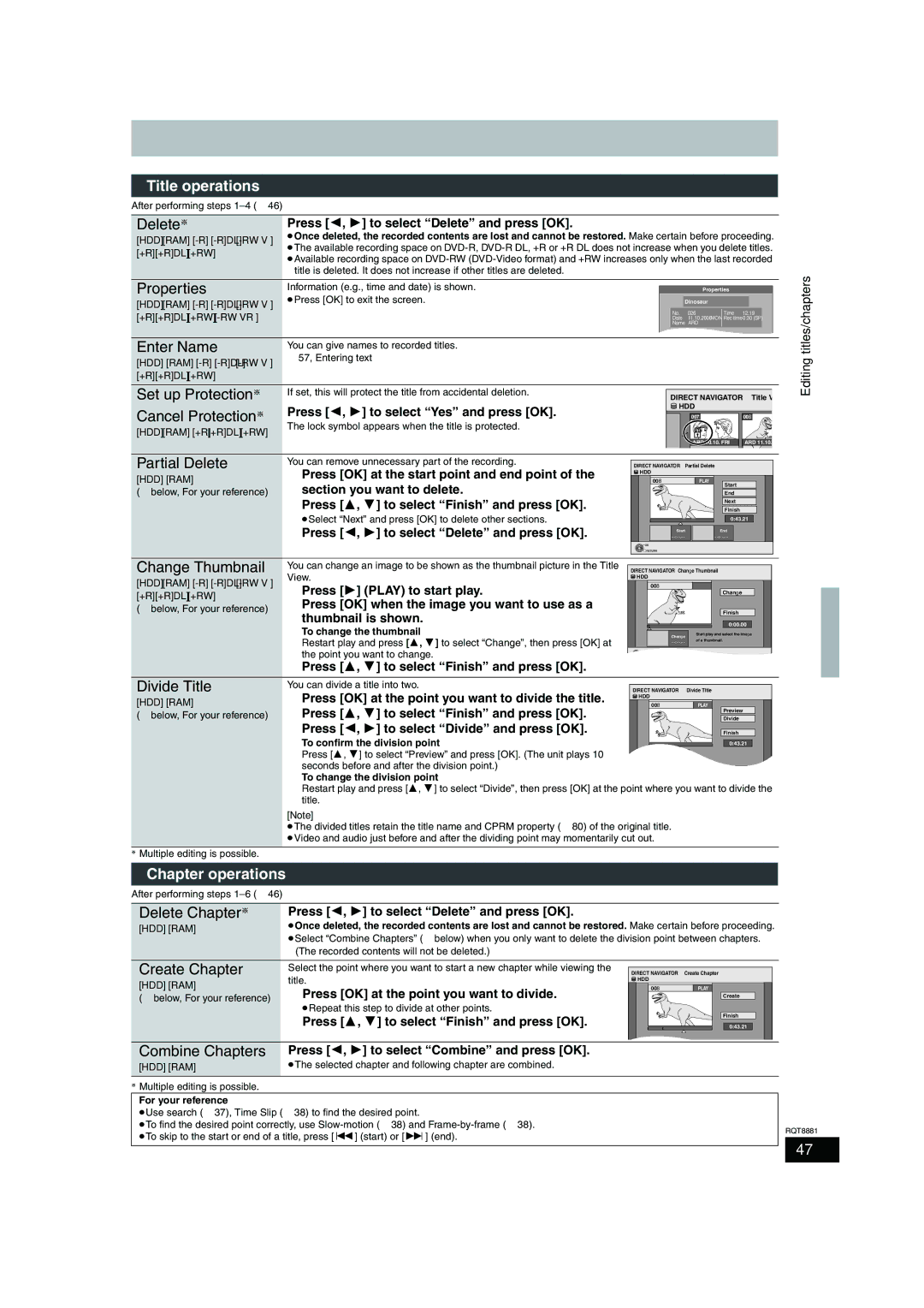 Panasonic DMR-EH575 Title operations, Set up Protection §, Cancel Protection §, Partial Delete, Chapter operations 