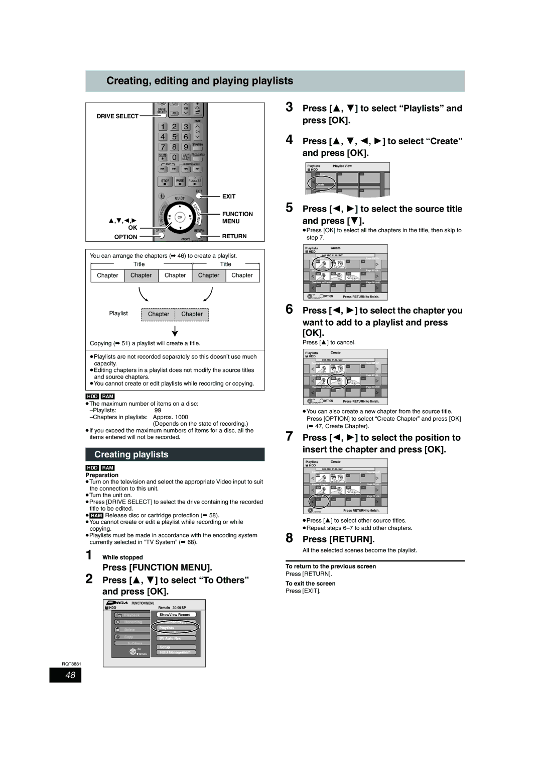 Panasonic DMR-EH575 operating instructions Creating, editing and playing playlists, Creating playlists, Press Return 